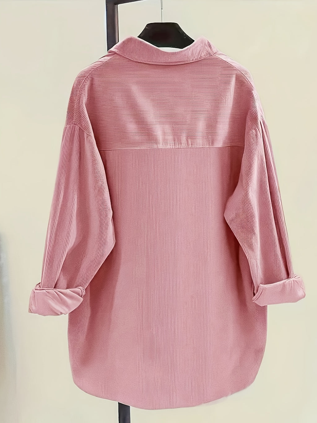 Elegant Women'S Long Sleeve Casual Shirt, Pink Corduroy Blouse, Loose Cargo Style Shirt, Early Autumn Versatile Cardigan, Casual Top - Pink Color
