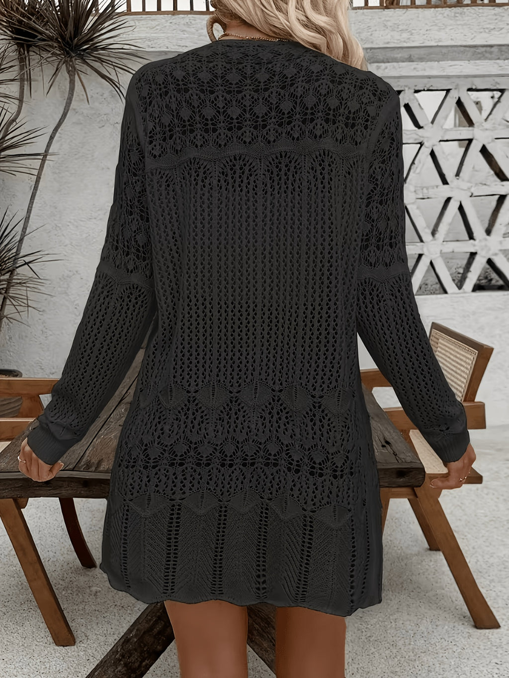 Women'S Elegant Long Sleeve Lace Open Cardigan, Suitable for Vacation, Beach - Black