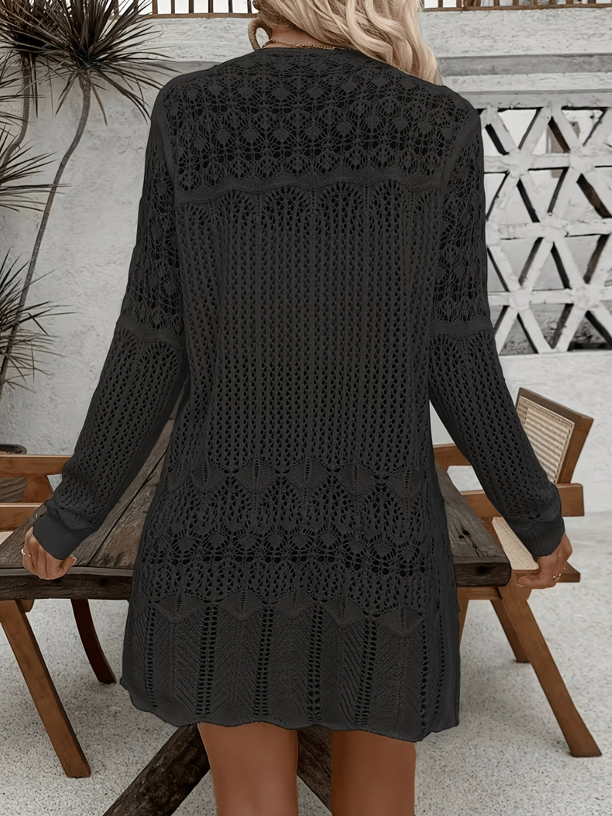 Women'S Elegant Long Sleeve Lace Open Cardigan, Suitable for Vacation, Beach - Black