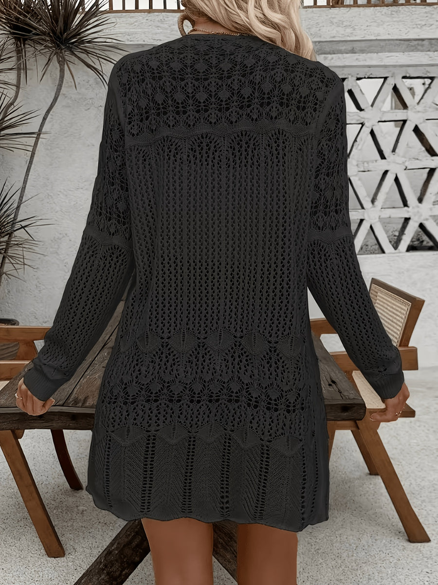 Women'S Elegant Long Sleeve Lace Open Cardigan, Suitable for Vacation, Beach - Black