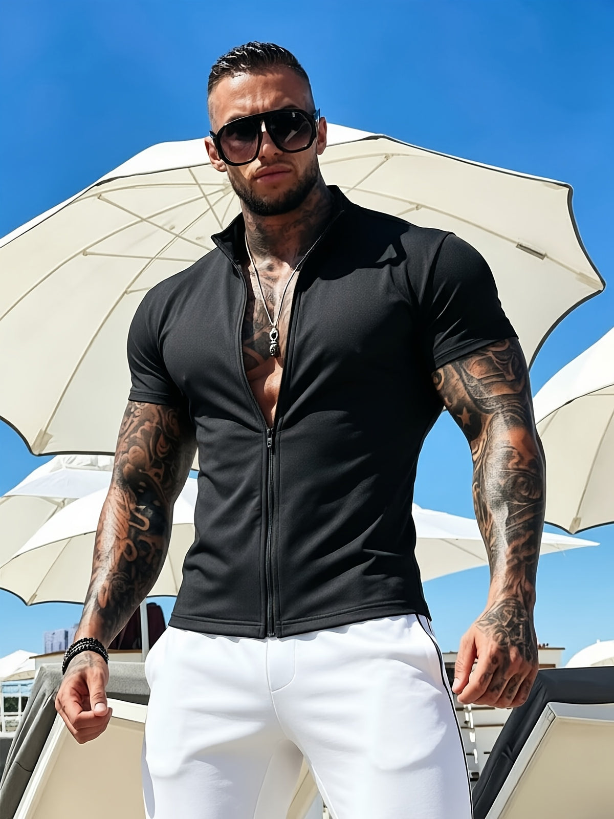 European Style Solid Color Men's Zipper Short Sleeve Cardigan, Stand Collar Slim Fit, Skin-Friendly Summer Basic Sport Short Sleeve Cardigan Sports Jacket - Black