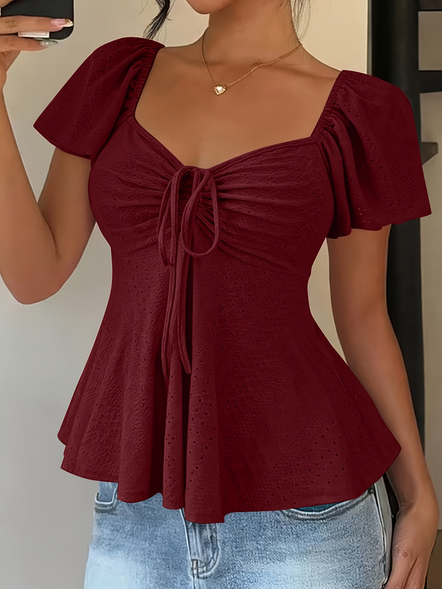 Fashionable and Elegant Spring/Summer New Arrival Y2K Solid Color Jacquard Comfortable and Breathable V-Neck Drawstring Short Sleeve Top Women's T-Shirt - Burgundy