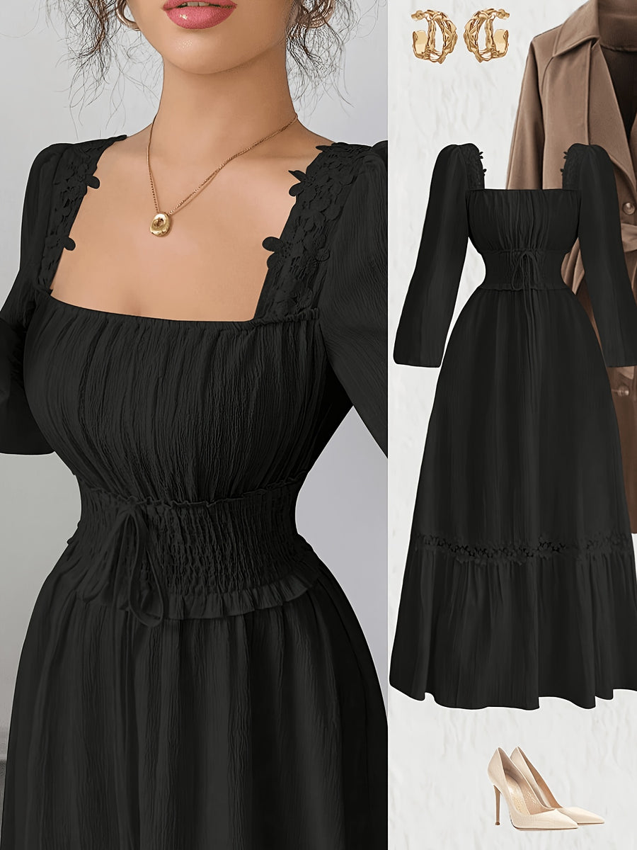 New Spring/autumn Cream Yellow French Ruffle Square Neckline Elegant Slim-fit Long-sleeved Dress, Women's Autumn - Black