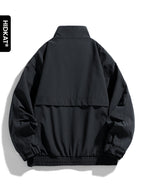 HIDKAT Men's Bomber Jacket with Contrast Collar & Zipper Pockets - Windproof Relaxed Fit Bomber Jacket Suitable for Streetwear, Aviation-Themed Outerwear, Machine Washable Zipper Closure Jacket with Stand Collar (No Transparency) - Black