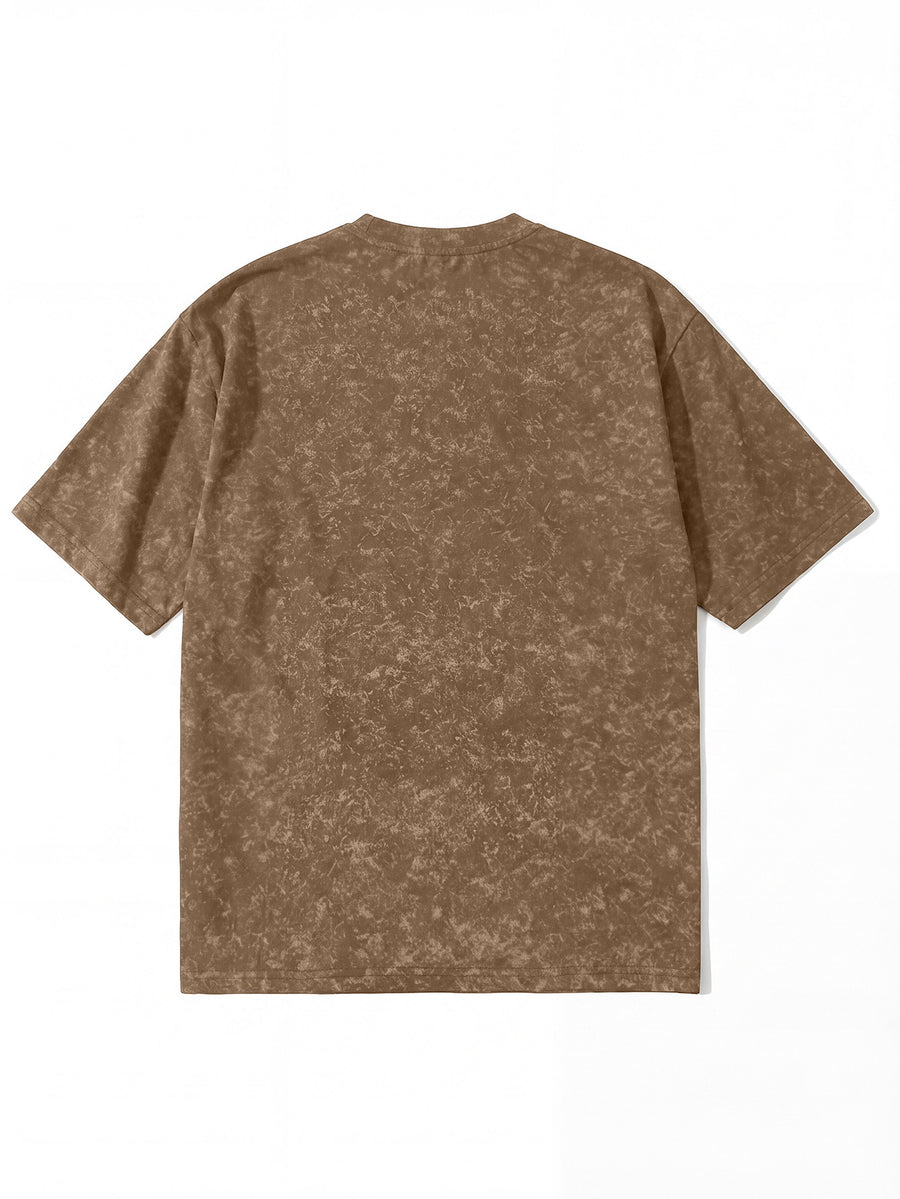 American Retro Distressed Short Sleeve T-Shirt, Men'S Trendy Cheetah Print Regular Oversize Street Casual Top - Coffee Brown