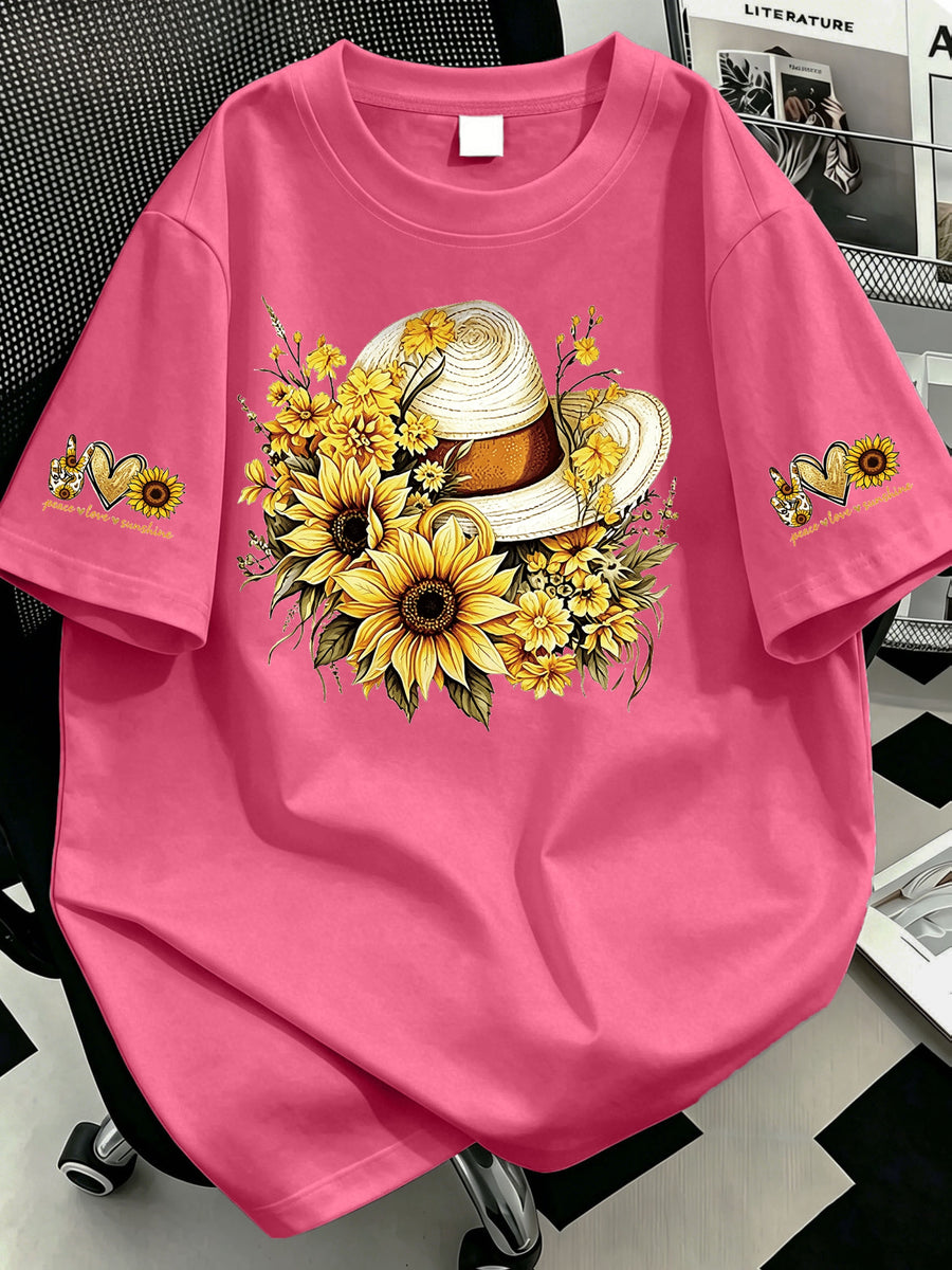 Plus Size, Plus-size Sunflower Print Round-neck Women's Casual Short-sleeve T-shirt, Suitable for Summer Vacations, Casual and Comfortable - Rose Red
