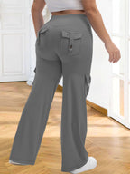 1pc Of Large-Size Women's Sports Wide-Leg Pants, Casual Home Wide-Leg Pants with 4 Strap Pockets, High Waist And Tummy Control, Moisture Wicking, Suitable for Outdoor Sports Fitness, Running Exercise, Daily Wear Women's Large-Size Trousers - Grey