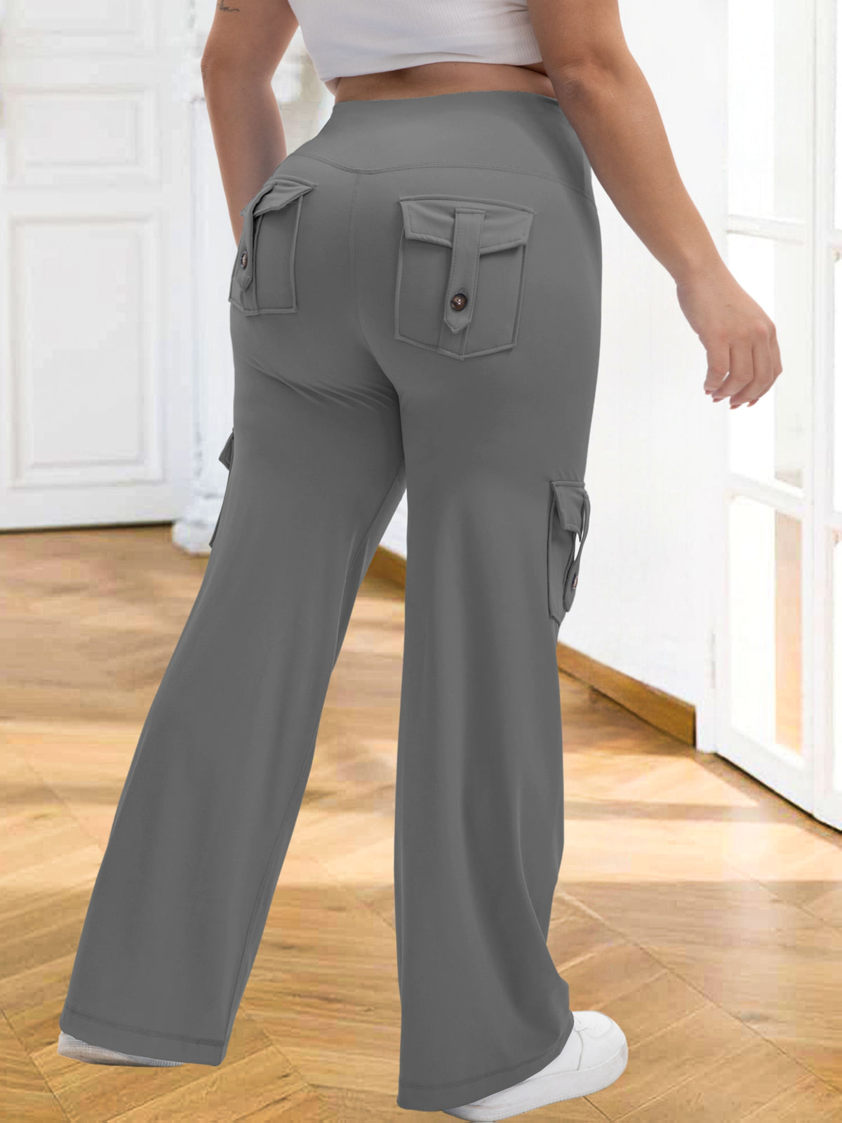 1pc Of Large-Size Women's Sports Wide-Leg Pants, Casual Home Wide-Leg Pants with 4 Strap Pockets, High Waist And Tummy Control, Moisture Wicking, Suitable for Outdoor Sports Fitness, Running Exercise, Daily Wear Women's Large-Size Trousers - Grey