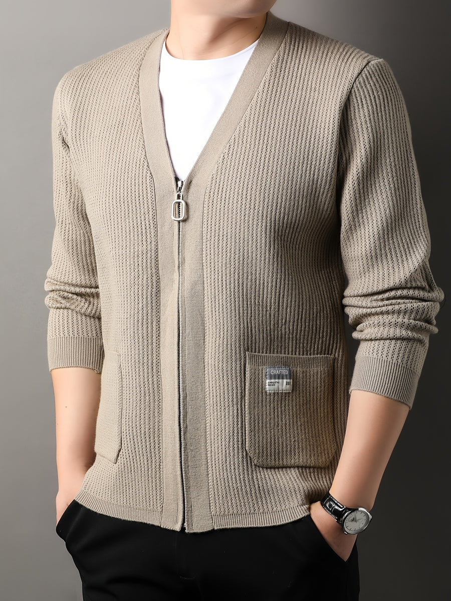 Men's Old Money Style Knit Cardigan Sweater Jacket - Solid Color V-Neck Zipper Front with Side Pocket, Open Front Zipper Suitable for Business Casual, Layering for Golf, Outdoor, Vacations, Spring/Autumn Wear, Versatile for Daily Outfits - Apricot