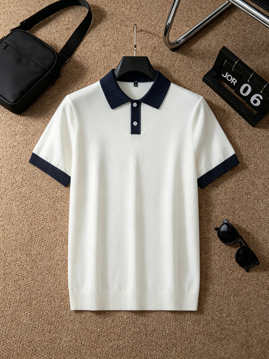 Men's Contrast Navy Blue Lapel Short-Sleeve Knit Polo Shirt, Four Seasons Business Casual Versatile Short-Sleeve Top - Blue And White