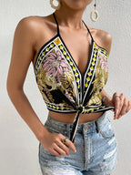 New Women's High-End Vintage Print Halter Neck Strappy Triangle Scarf Tie Short Top, Summer Hot Vibe Waist-Revealing Vest - Multicolor