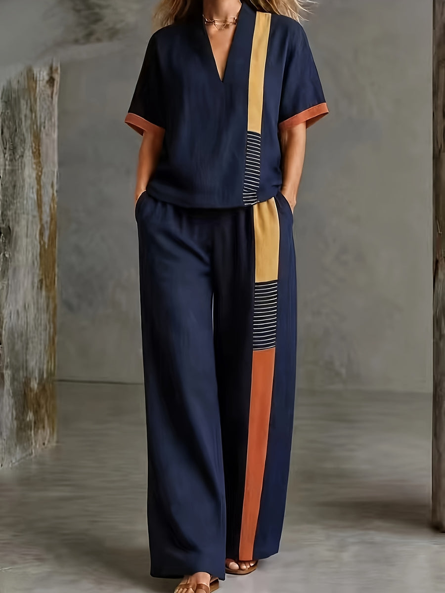 2026 Black, Yellow, and Orange Color Block Patchwork Set: Short Sleeve V-Neck Top + Wide-Leg Long Pants, Summer Vintage Casual 2pcs Set - Navy blue color