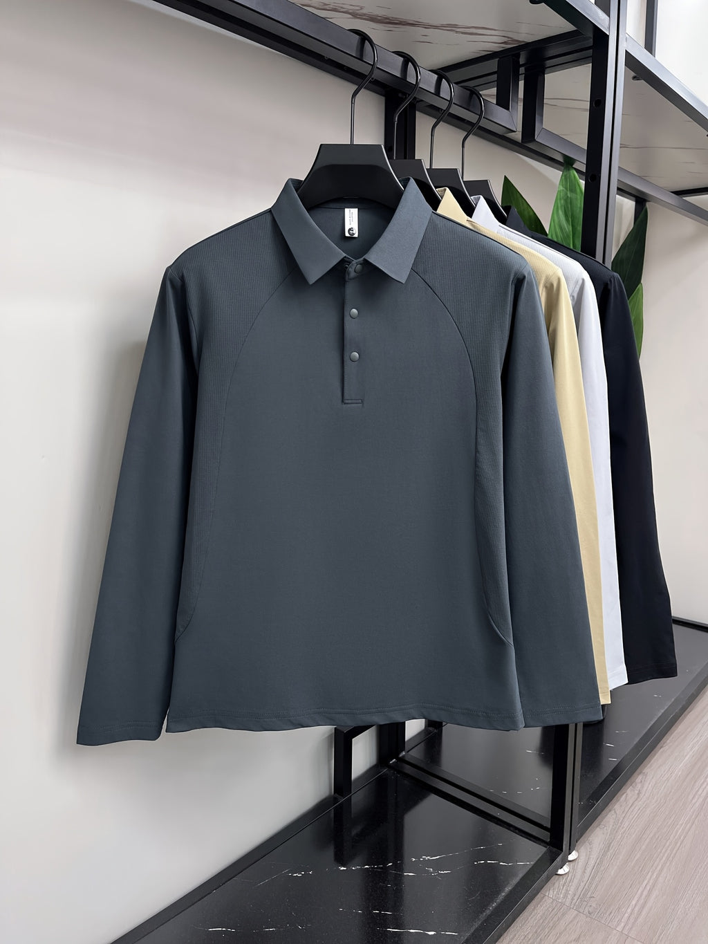 [Saa Xing OBM] 1pc Spring/Autumn New Men'S Polo Shirt, Old Money Style Textured Solid Color Half-Button Collar Single-Button Polo Neck Long Sleeve Men'S Fashion Versatile Pullover Base Layer Top, Suitable for Spring, Autumn, Wear - Dark Gray