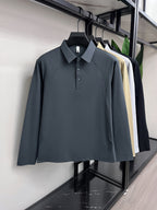 [Saa Xing OBM] 1pc Spring/Autumn New Men'S Polo Shirt, Old Money Style Textured Solid Color Half-Button Collar Single-Button Polo Neck Long Sleeve Men'S Fashion Versatile Pullover Base Layer Top, Suitable for Spring, Autumn, Wear - Dark Gray