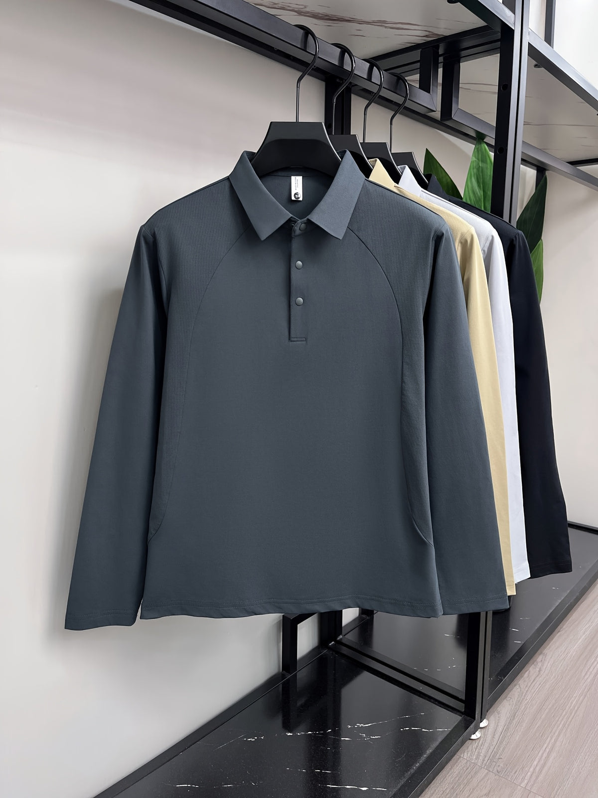 [Saa Xing OBM] 1pc Spring/Autumn New Men'S Polo Shirt, Old Money Style Textured Solid Color Half-Button Collar Single-Button Polo Neck Long Sleeve Men'S Fashion Versatile Pullover Base Layer Top, Suitable for Spring, Autumn, Wear - Dark Gray