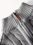 Men's Fashion High-Neck Zipper Twist Knit Sweater, Solid Color Versatile Pullover, Soft Medium-Stretch Fabric, Suitable for Autumn/Winter Office, Date Night, Casual Wear, Ideal as a Gift - Grey