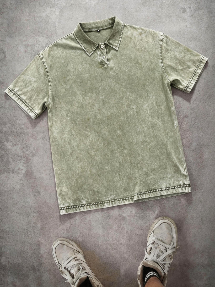 American Vintage Washed Distressed Heavyweight Polo Short Sleeve Men's Spring/Summer Streetwear Brand Loose Fit Versatile Short Sleeve Lapel T-Shirt Casual Street Top - fern green