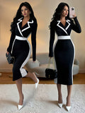 Elegant And Fashionable New Adult Women'S Color-Block Autumn And Winter Inner Wear Versatile Suit Collar Long-Sleeved Decorative Button Hip-Hugging Slim Sexy Dress - Black+White