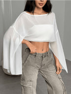 Women'S Solid Color Round Neck Batwing Sleeve Loose Short Shirt, Spring Summer Beach Cover-Up Top - White