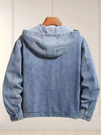 Men's Casual Loose Fit Zip-Up Hooded Denim Jacket, Blue - Medium Blue