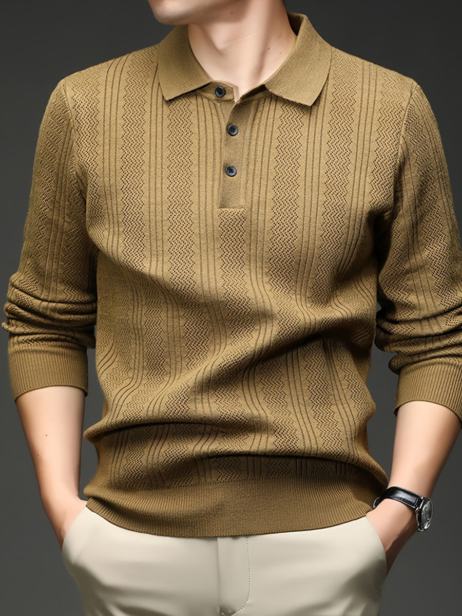 Autumn Renewal 1pc: Black Knitted Long-Sleeve Polo Shirt for Middle-Aged Men, Vertical Stripe Jacquard, Three-Button Lapel, Business Casual, Slim Fit for Spring/Autumn, Commuting and Daily Layering Top - Khaki