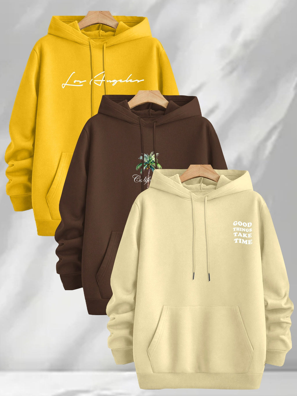 3pcs Trendy Print Sweatshirt, Men's Casual Hooded Sweatshirt, Long-sleeve Pullover, Slightly Stretchy, Knitted Polyester Fabric, Regular Fit Men's Hoodie - Yellow+Coffee+Apricot