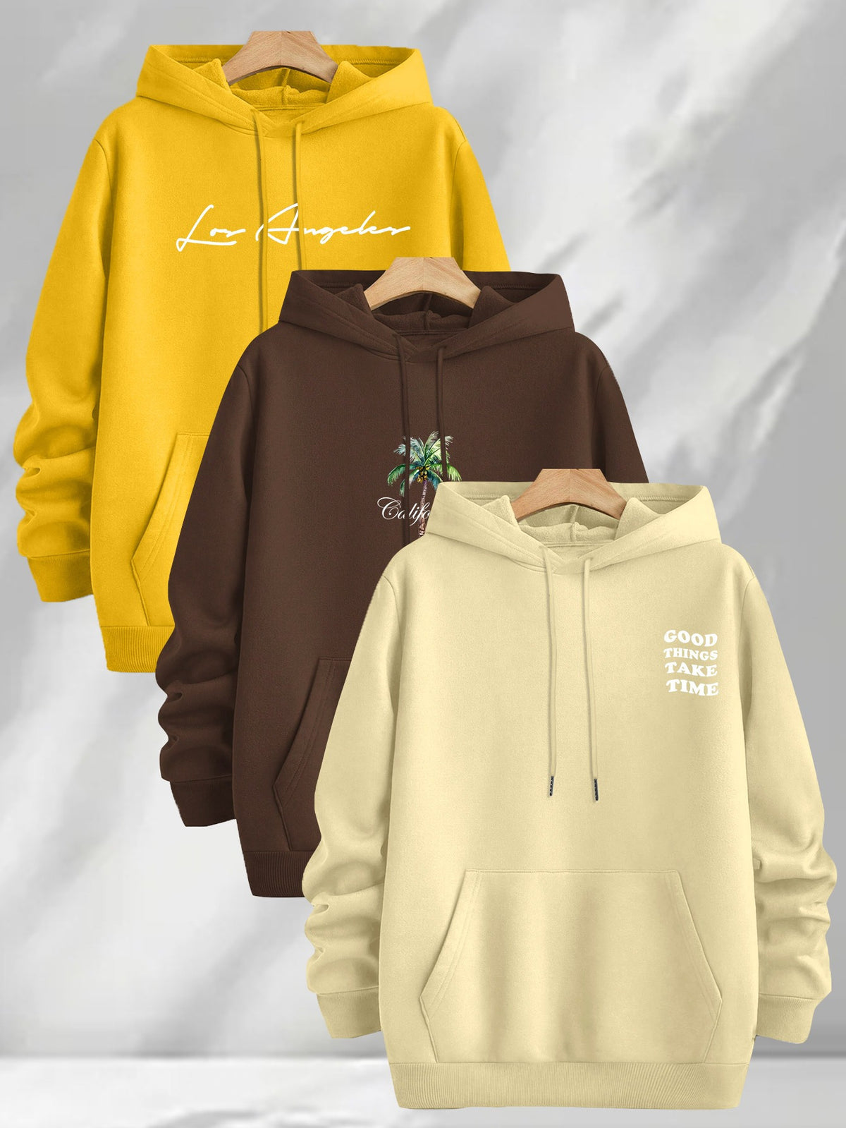 3pcs Trendy Print Sweatshirt, Men's Casual Hooded Sweatshirt, Long-sleeve Pullover, Slightly Stretchy, Knitted Polyester Fabric, Regular Fit Men's Hoodie - Yellow+Coffee+Apricot