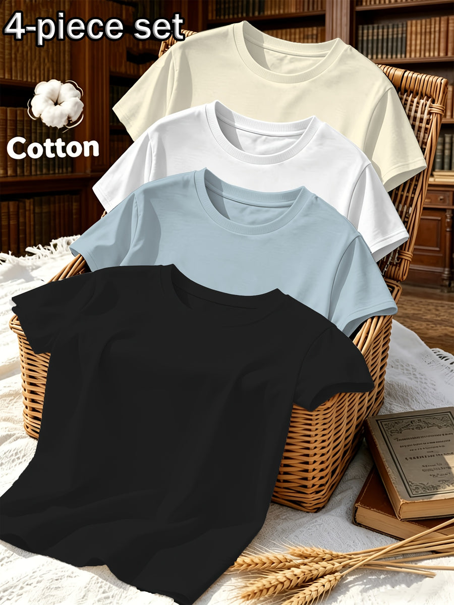 4pcs Set, Spring/Summer 4pcs Set, Solid Color Crew Neck Fashionable Simple Sweet Loose Short Sleeve T-Shirt, Summer/Spring Women's 4pcs Top Set - Black + Light Blue + White + Light Beige Apricot