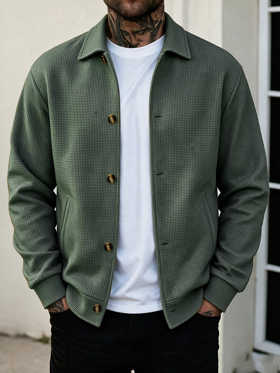 Men's Waffle Check Lapel Shirt-Style Jacket, Lightly Mature Minimalist Style, Checkered Waffle Fabric, Single-Breasted Closure, Side Seam Pockets, Versatile Casual Top Jacket for Men's Spring/Autumn Shopping and Dating Winter Clothes for Men - fern green