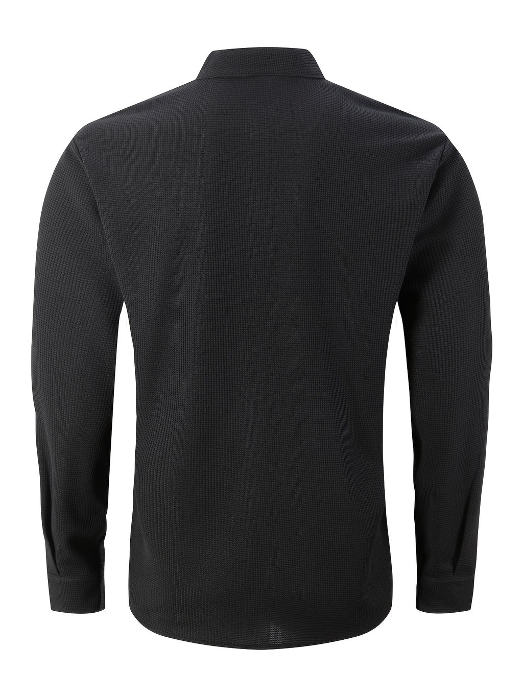 Men's Waffle Stand Collar Long Sleeve Button Shirt with Chest Pocket - Black