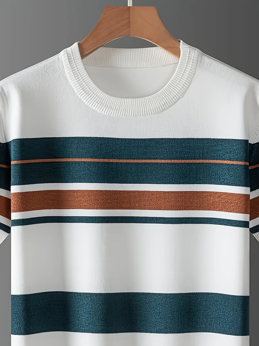 New Men'S Short-Sleeve Knitted T-Shirt for Summer, Trendy Brand with a Round Neck, Stylish Casual Striped Tee, Fashionable Men'S Clothing - White