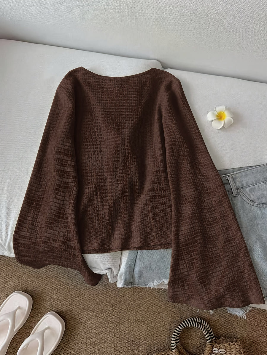 Solid Color Front-Tie Bow Open-Front Fashion Flared Sleeve Blouse New Women'S Short Top - Coffee Color
