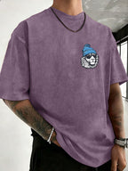 Men's Heavyweight Washed Distressed Loose-Fit Short-Sleeve T-Shirt with Reversible Print, Available in 12 Colors for Mix & Match, National Trend Y2K Style for Daily Commuting, Sports, Fitness, Couples, Streetwear, and Outings - Purple
