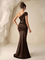 Women's Sequined Mermaid Trendy Style, Formal Evening Dress with One Shoulder, Ladies' Gorgeous and Elegant Celebration Gown, Valentine's Day Sequined Dress, for Graduation Ceremonies, Opening Ceremonies, Music Festivals, Birthday Parties - Brown