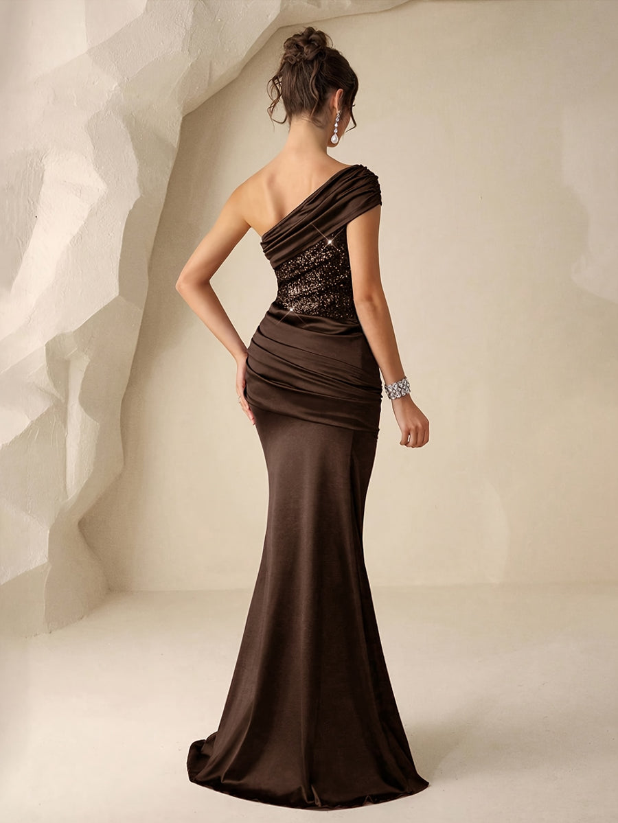Women's Sequined Mermaid Trendy Style, Formal Evening Dress with One Shoulder, Ladies' Gorgeous and Elegant Celebration Gown, Valentine's Day Sequined Dress, for Graduation Ceremonies, Opening Ceremonies, Music Festivals, Birthday Parties - Brown