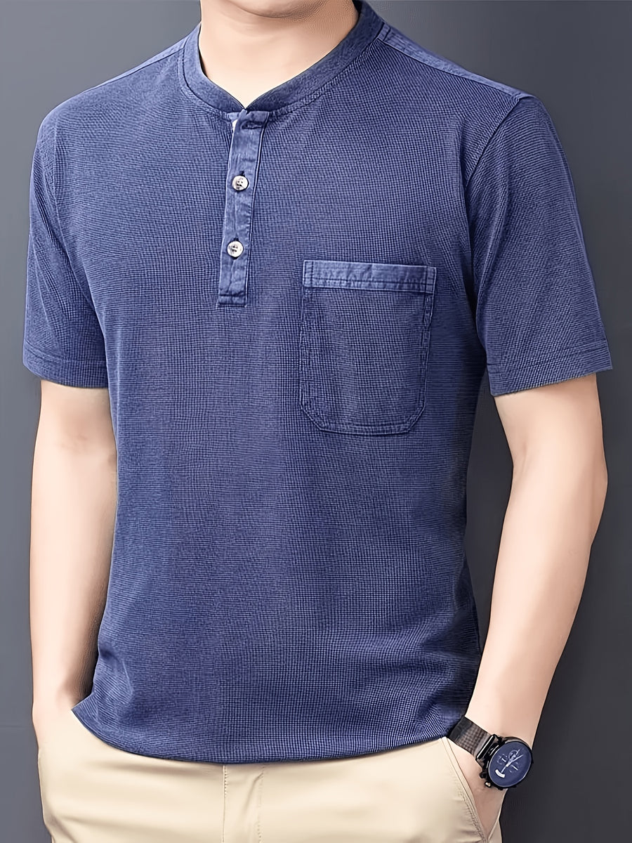 Middle-aged Men's Washed Distressed Vintage T-shirt, Shirt, Henley Collar Top, Solid Color Casual Top - Blue