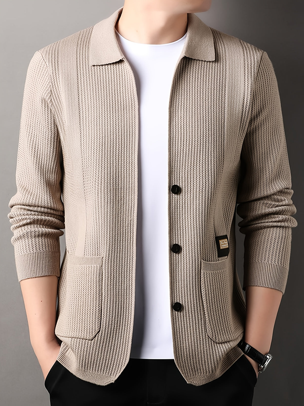 Men's Lapel Vertical Stripe Knit Cardigan Jacket, featuring a light business style with a mature and steady vibe, yet incorporating a sense of casualness. Flattering on all body types, suitable for men - SINBOS - Camel