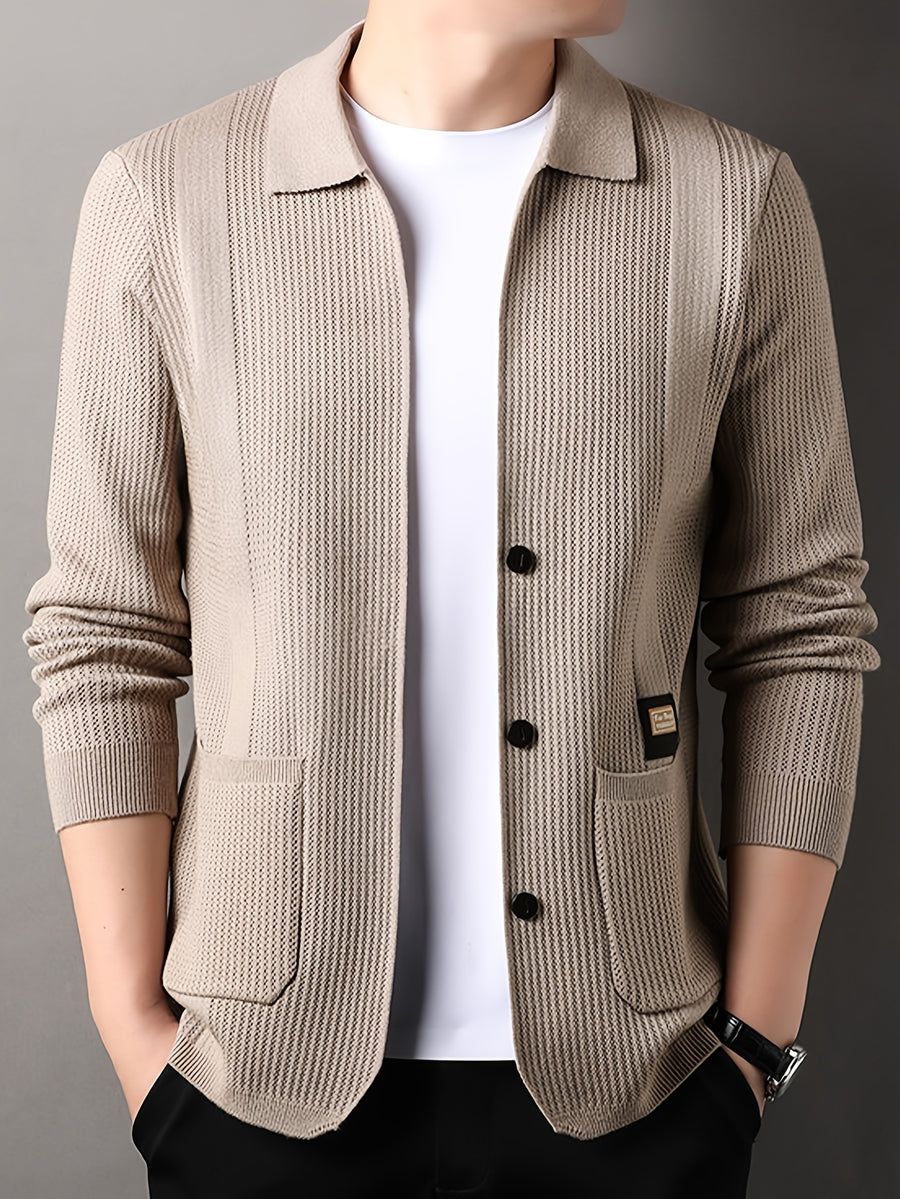 Men's Lapel Vertical Stripe Knit Cardigan Jacket, featuring a light business style with a mature and steady vibe, yet incorporating a sense of casualness. Flattering on all body types, suitable for men - SINBOS - Camel