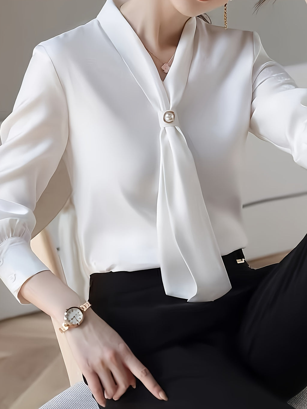 Chic  Elegant Chiffon Blouse with Beaded V-Neck and Tie Detail - Long Sleeve, Semi-Sheer, Machine Washable - Stylish  Workwear, Lace Embellished - White