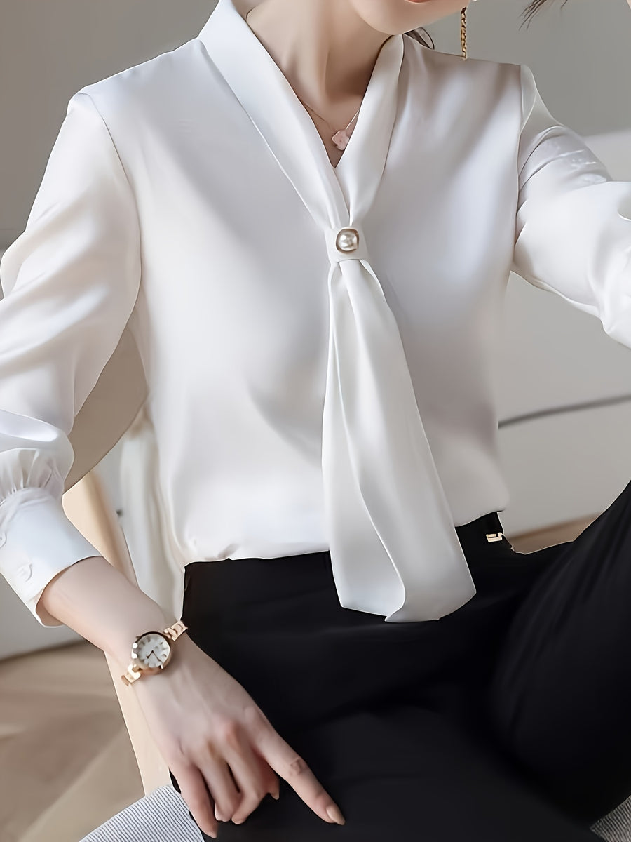 Chic  Elegant Chiffon Blouse with Beaded V-Neck and Tie Detail - Long Sleeve, Semi-Sheer, Machine Washable - Stylish  Workwear, Lace Embellished - White