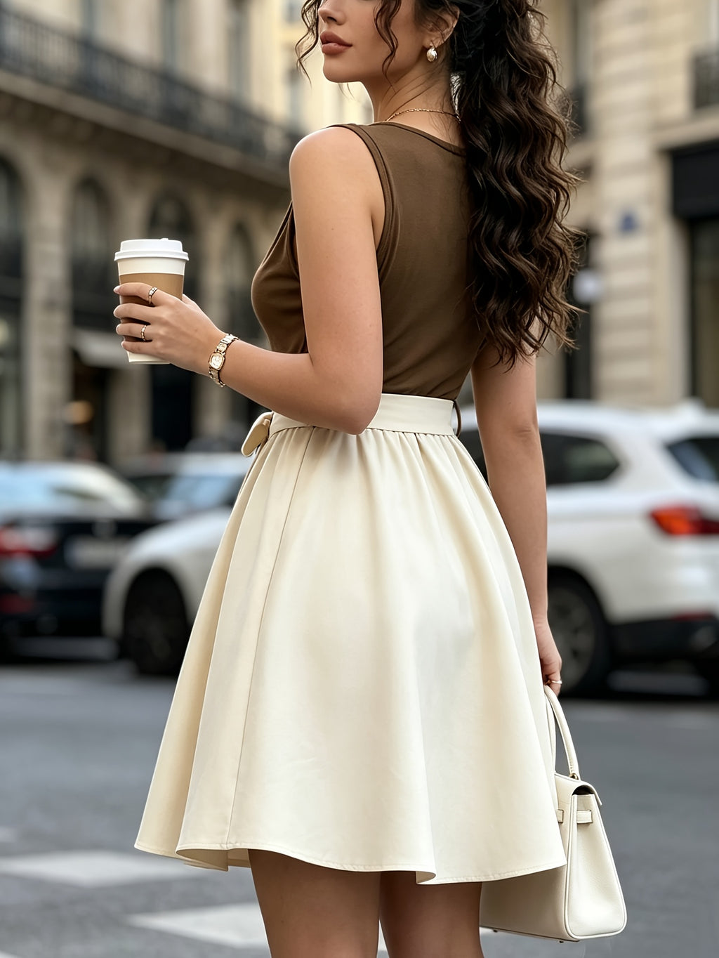 Women'S Contrast Ruched Neck Twist Waist Sleeveless Elegant Dress - Mixed colors