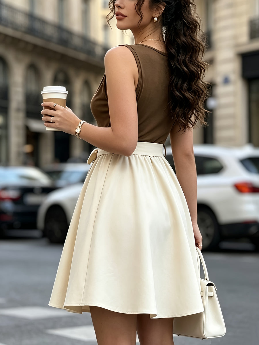 Women'S Contrast Ruched Neck Twist Waist Sleeveless Elegant Dress - Mixed colors