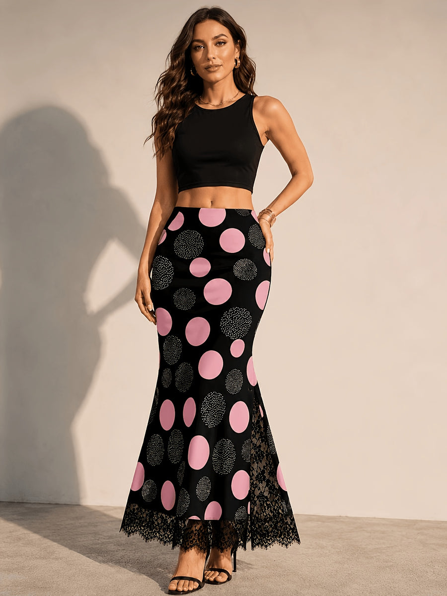 Women'S Polka Dot Print Comfortable Elastic Waist Half Skirt, Lace Panel Design, Elegant Fashion Casual Skirt, Temperament Versatile Outing Vacation Casual Skirt - Black
