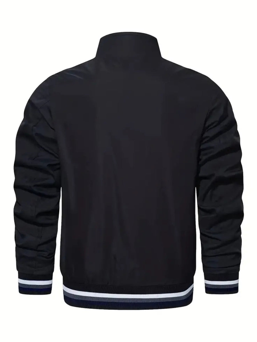 Men'S Sports Solid Color Stand-Up Collar Jacket, Color Striped Rib Hem, Lightweight And Windproof, Creative Three-Bar Totem Design Elements, Suitable for Jogging in Spring And Autumn, Daily Casual Versatile - Black