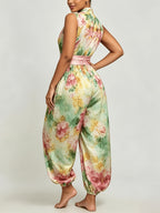 Urban Style Printed V-Neck Jumpsuit, Women's Printed Sleeveless V-Neck Satin Jumpsuit with Waist Cinching, Cuffed Legs, and Flared Pants, Elegant Vacation Style, Loose Fit,, with Pockets - Mixed colors