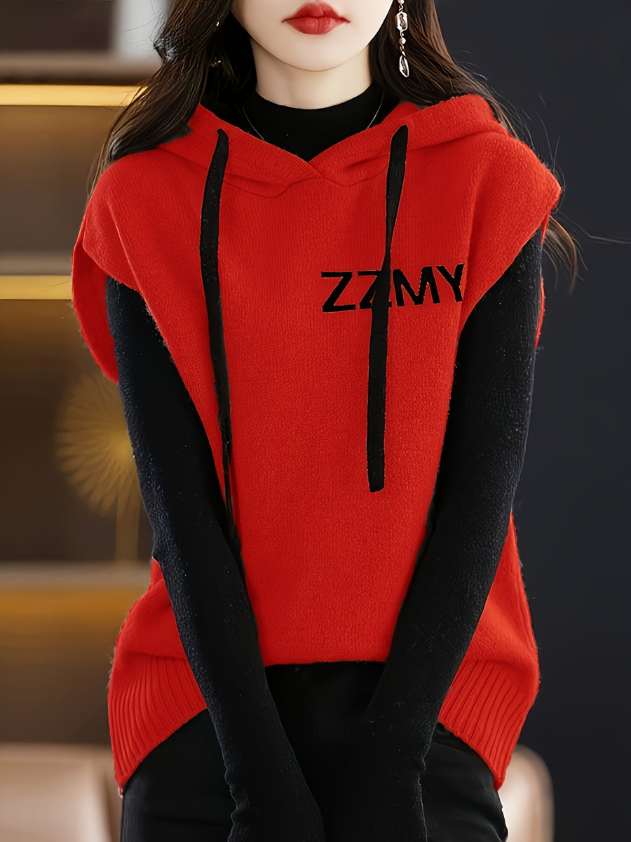 New Hooded Vest Sleeveless Design Letter Fashion Loose Versatile Sweater Coat - Red