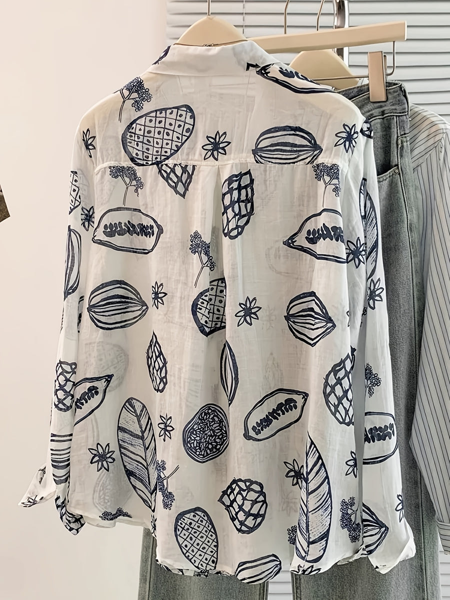 Vintage-Style Printed Long-Sleeve Shirt for Women, New Spring/Summer Loose-Fit Versatile Casual Lapel Outerwear Top - Light Grey