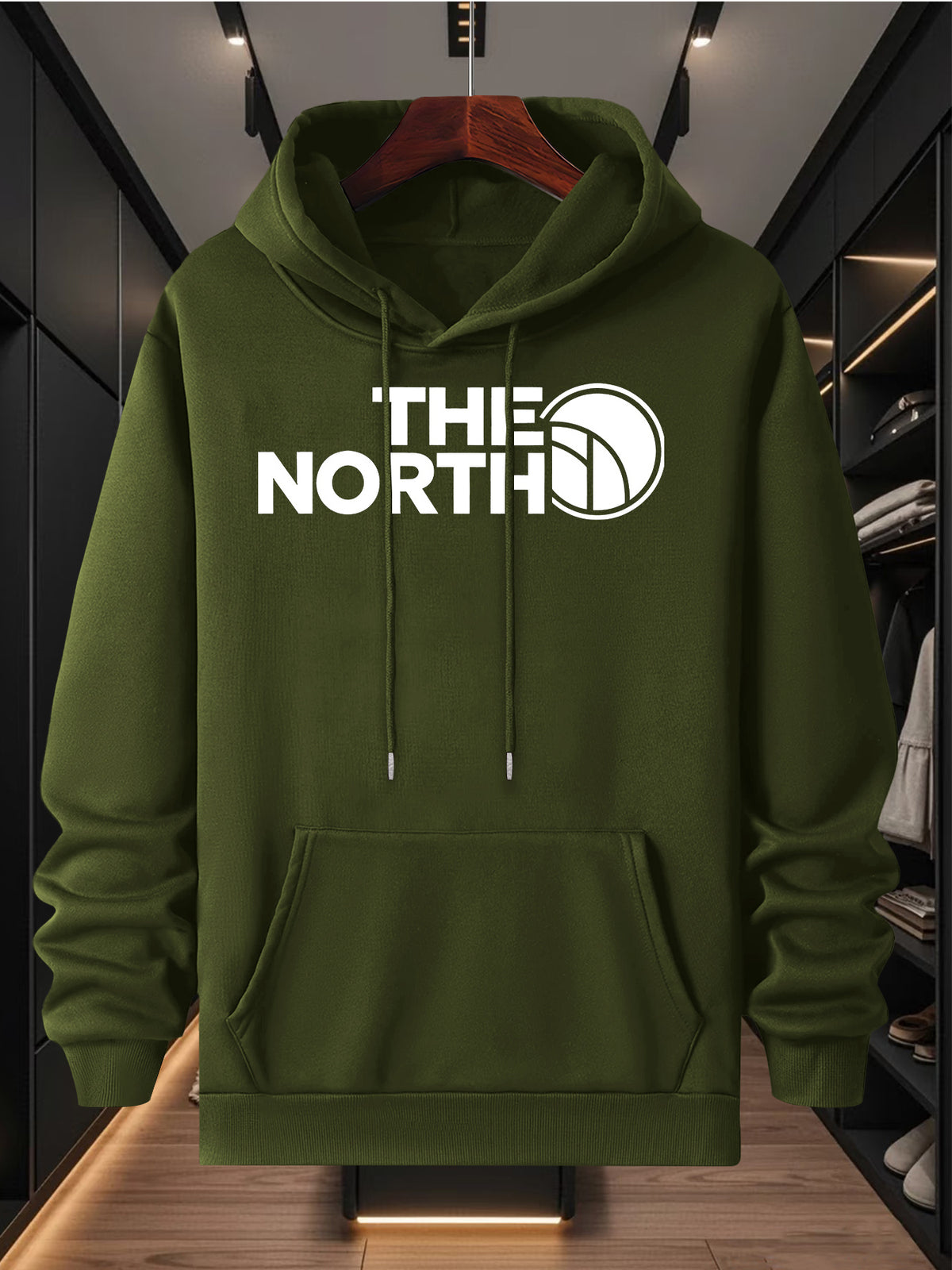 THE NORTH Outdoor Brand Logo Graphic Large Front Print Men's Fashion Hooded Sweatshirt Autumn/Winter Long Sleeve Hooded Pullover Jacket Outdoor Functional Casual Style Daily Wear Outdoor Enthusiast Gift Father's Day & Halloween Gift & Christmas Gift - Military Green
