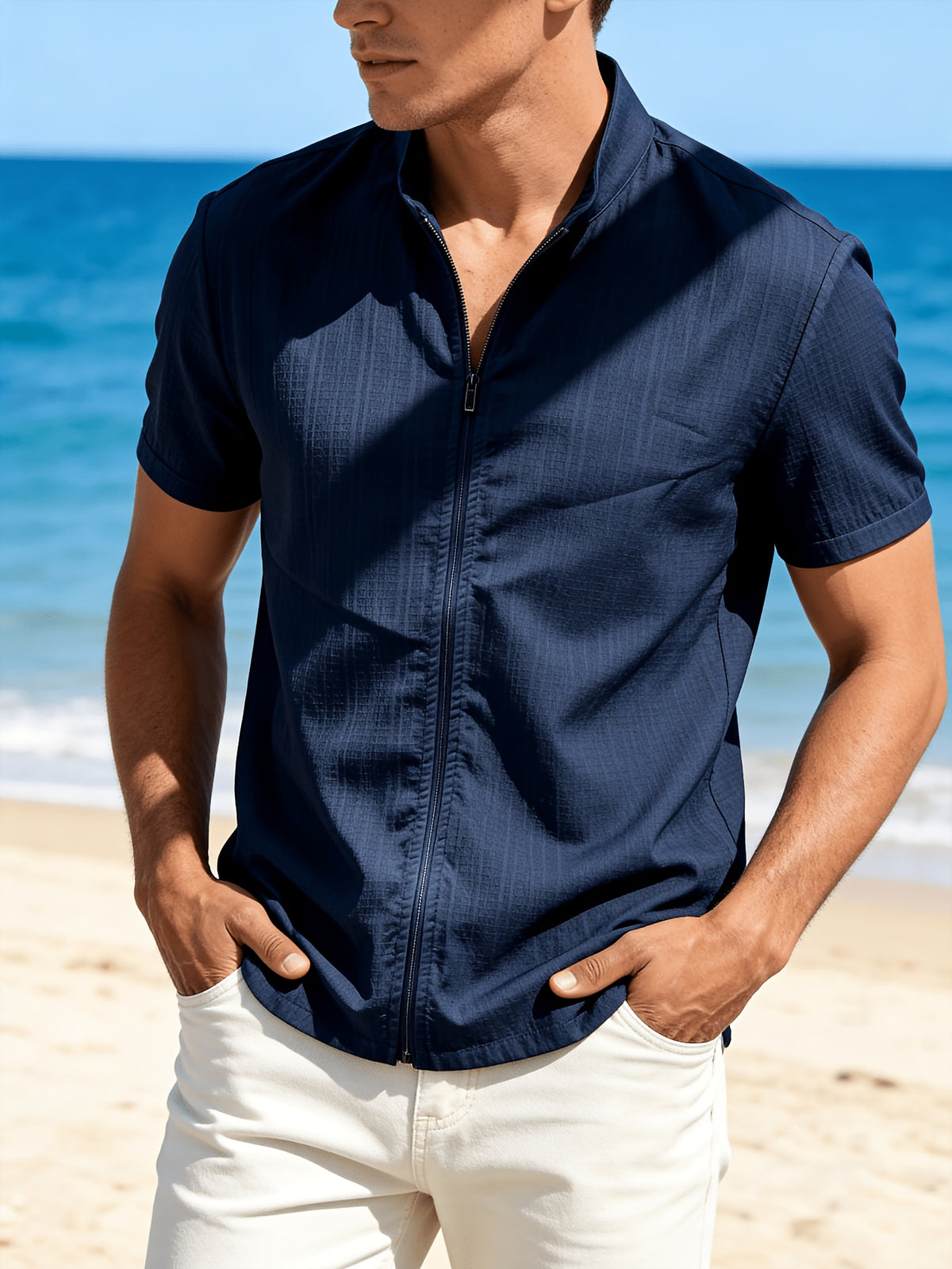 [Qiaoximei OBM] 2pcs Set, Latest Men'S Short-Sleeve Zip-Up Cardigan, Street Beach Comfortable Casual Outdoor, with Stand-Up Collar Design, Suitable for Beach Vacations, Pool Parties, And Daily Casual Wear, Men'S Top, Short-Sleeve Zip-Up Cardigan - Navy Blue+Sky Blue