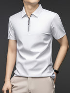 Men's Summer Short-Sleeve Half-Zip Lapel Polo Shirt - Solid Color T-Shirt Suitable for Casual & -Casual Wear, Breathable Half-Zip Collar, Short Sleeve Lapel Collar, Hand Washable Solid Color Polo Tee for Office or Everyday Outfits - White